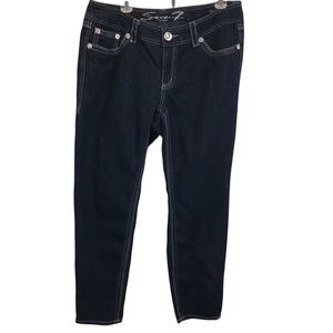 Seven7 Luxe Dark Wash Mid Rise Skinny Denim Jean with rhinestone detailing